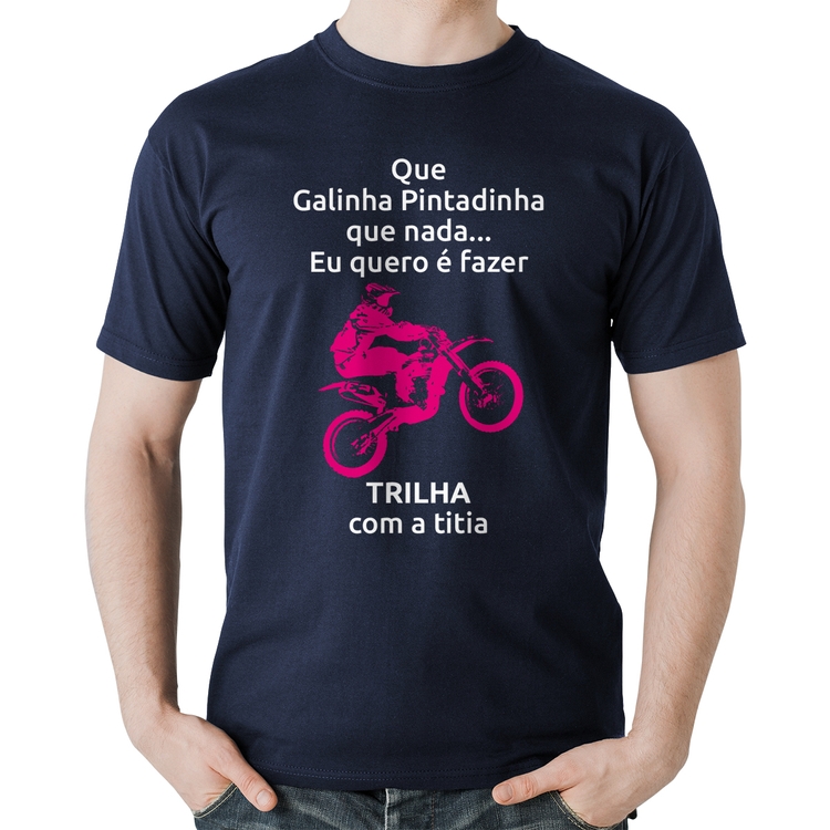 Camiseta Algodão Trilha com a titia (moto rosa) - Marinho