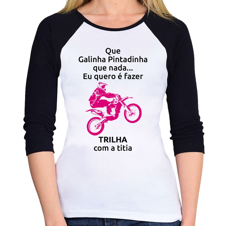 Baby Look Raglan Trilha com a titia (moto rosa) Manga 3/4