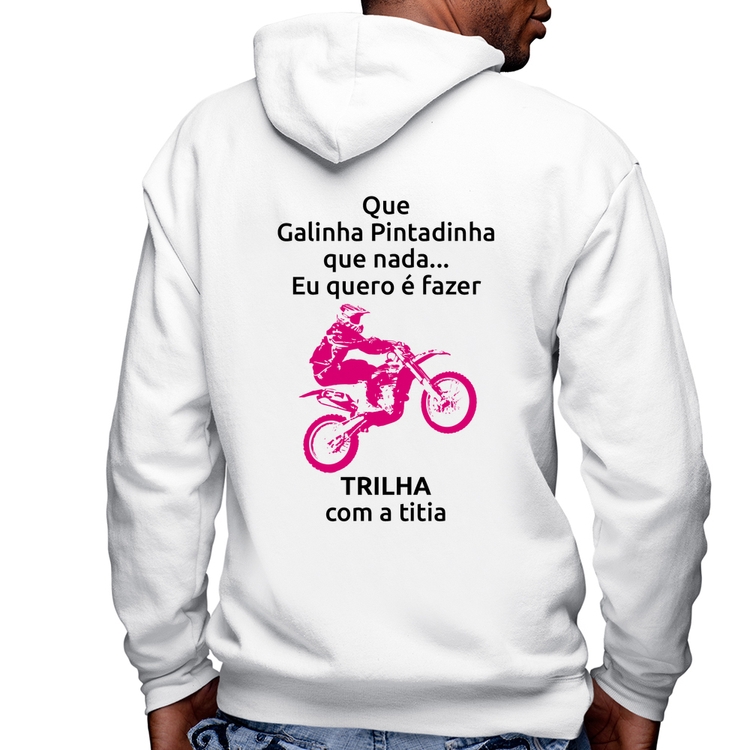 Blusa Moletom Trilha com a titia (moto rosa) Masculina com Capuz e Zíper - Branca