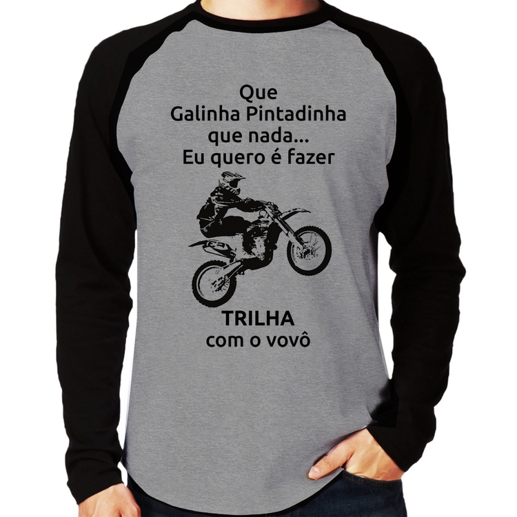 Camiseta Raglan Trilha com o vovô Manga Longa - Cinza/Preto