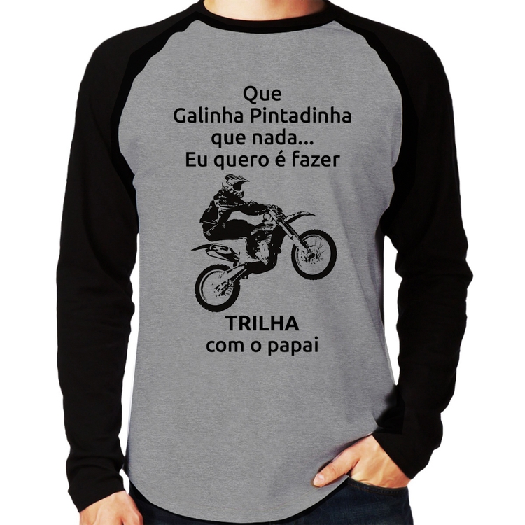 Camiseta Raglan Trilha com o papai Manga Longa - Cinza/Preto