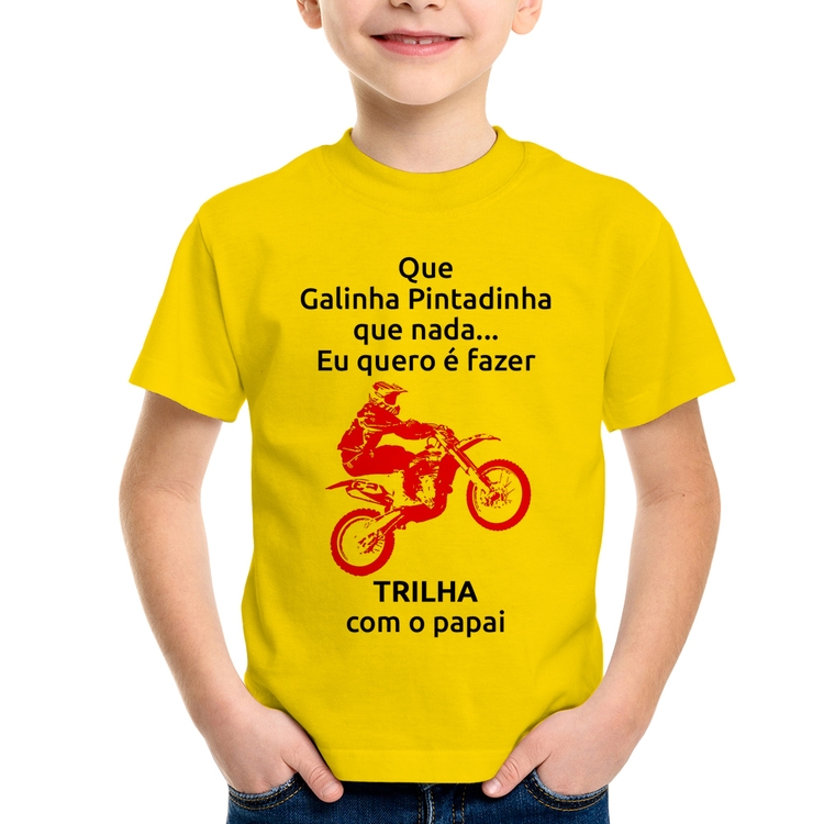 Camiseta Infantil Trilha com o papai (moto rosa) - Amarela