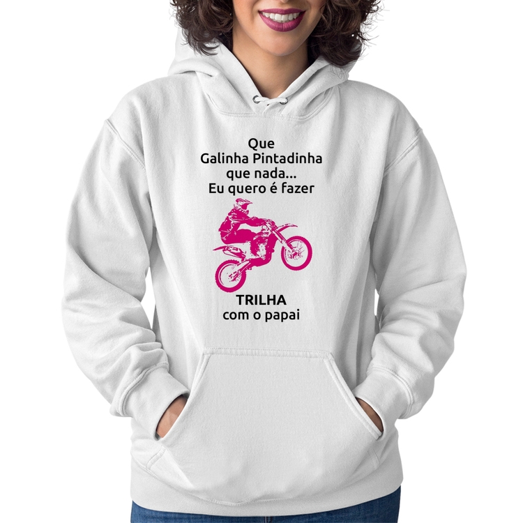 Moletom Feminino Trilha com o papai (moto rosa) - Branco