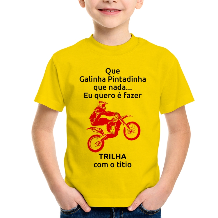 Camiseta Infantil Trilha com o titio (moto rosa) - Amarela