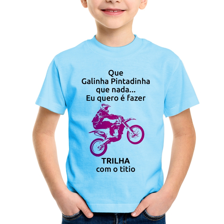 Camiseta Infantil Trilha com o titio (moto rosa) - Azul Bebê