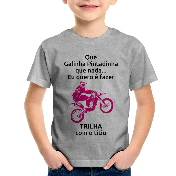 Camiseta Infantil Trilha com o titio (moto rosa) - Cinza