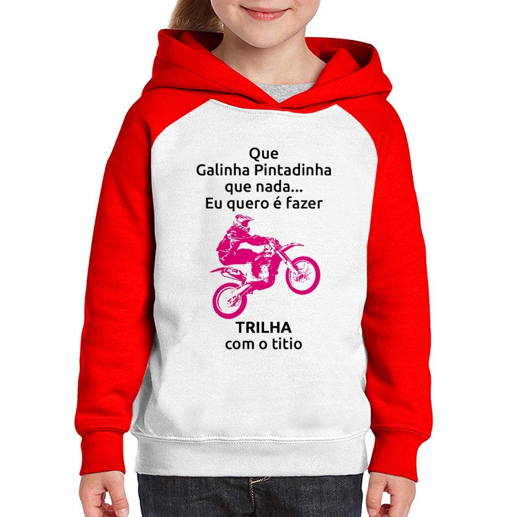 Moletom Infantil Trilha com o titio (moto rosa) - Branco/Vermelho