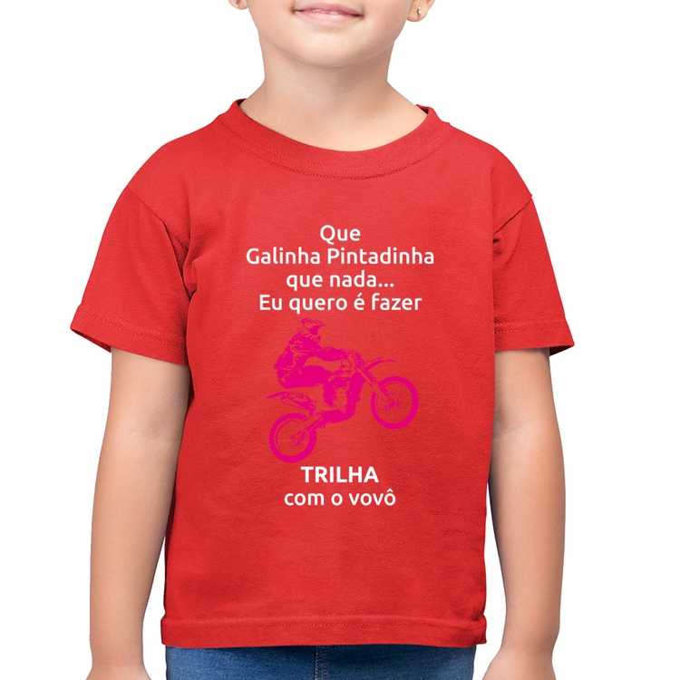Camiseta Algodão Infantil Trilha com o vovô (moto rosa) - Vermelha