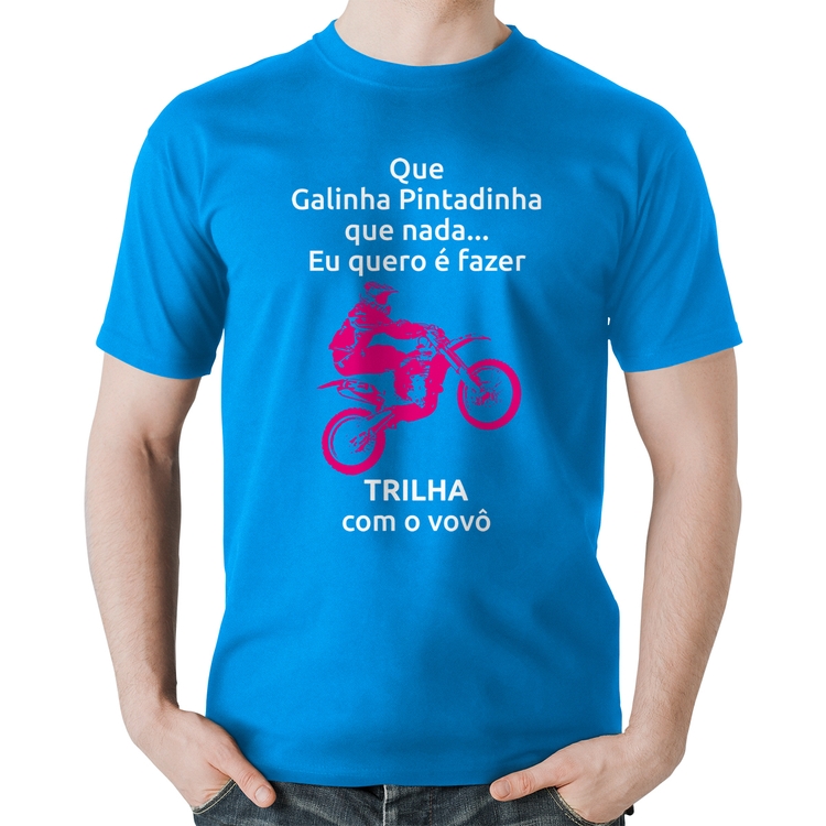 Camiseta Algodão Trilha com o vovô (moto rosa) - Azul