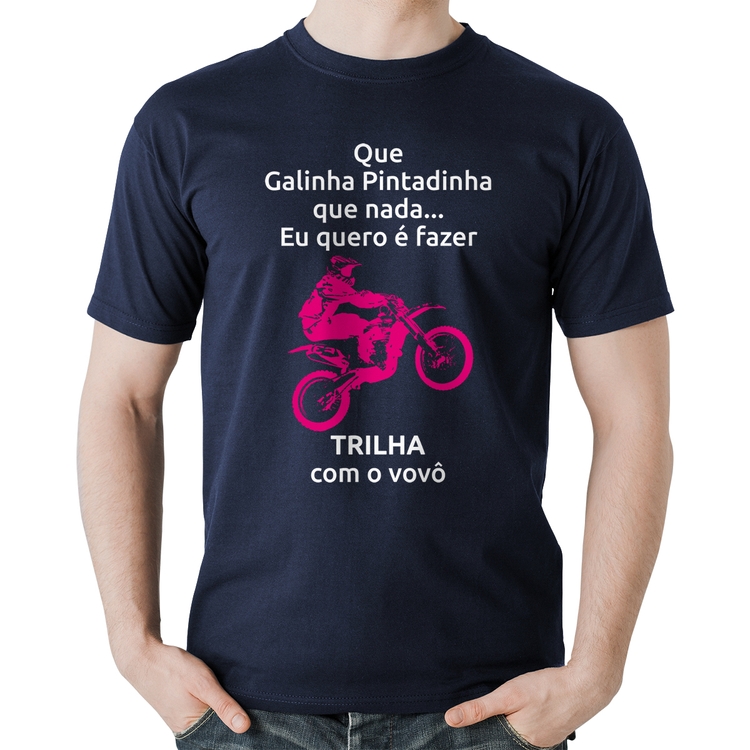 Camiseta Algodão Trilha com o vovô (moto rosa) - Marinho