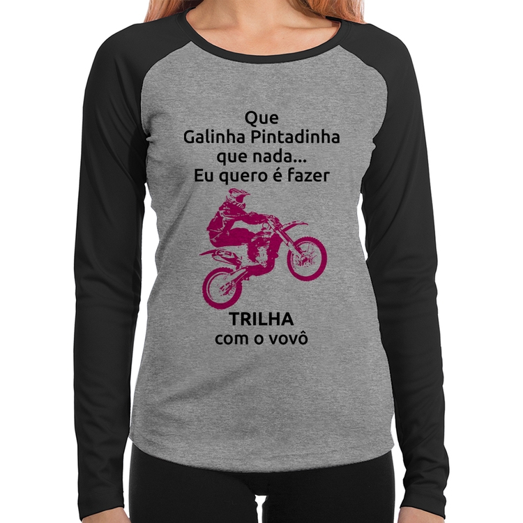Baby Look Raglan Trilha com o vovô (moto rosa) Manga Longa - Cinza/Preto