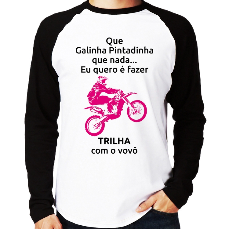 Camiseta Raglan Trilha com o vovô (moto rosa) Manga Longa