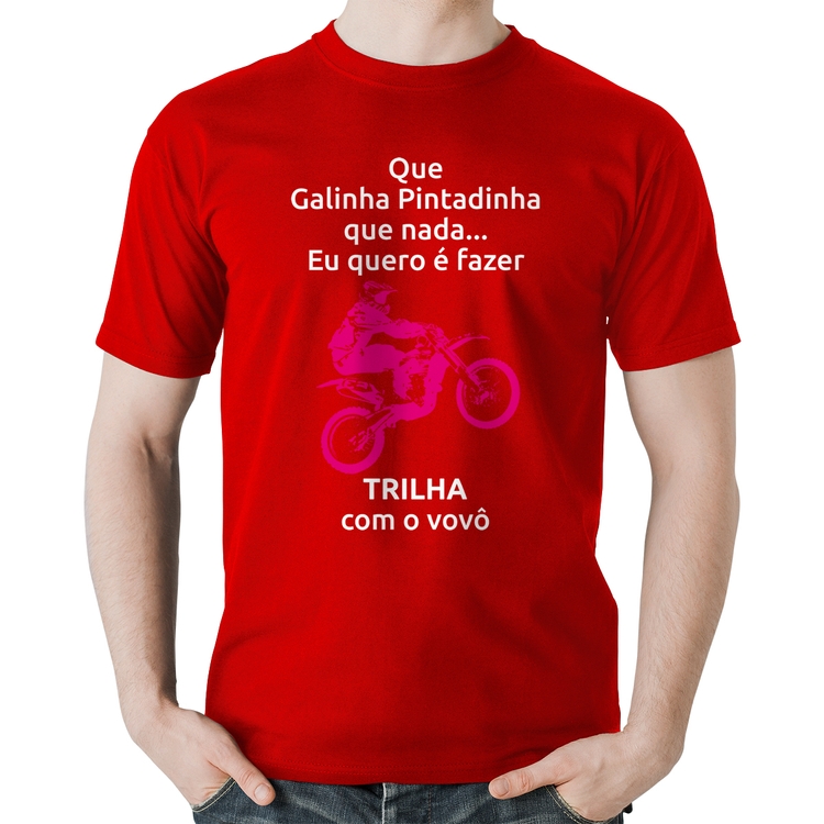 Camiseta Algodão Trilha com o vovô (moto rosa) - Vermelha