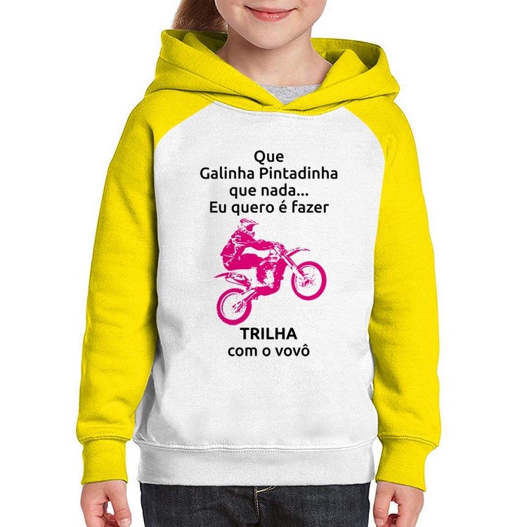 Moletom Infantil Trilha com o vovô (moto rosa) - Branco/Amarelo