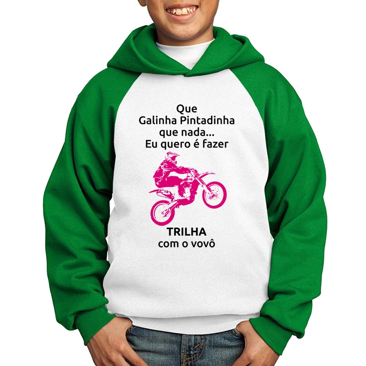 Moletom Infantil Trilha com o vovô (moto rosa) - Branco/Verde