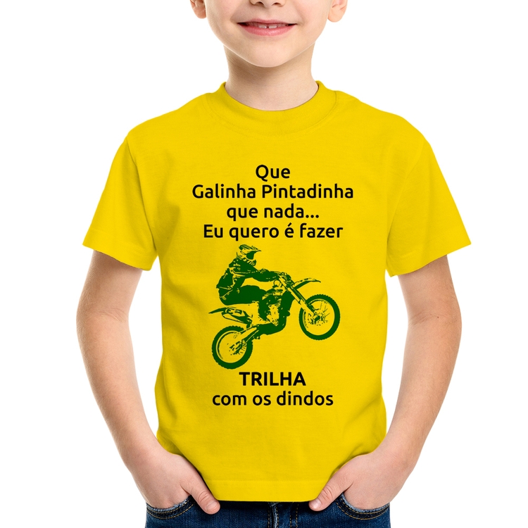 Camiseta Infantil Trilha com os dindos (moto azul) - Amarela