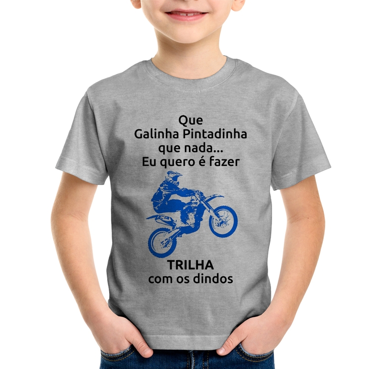 Camiseta Infantil Trilha com os dindos (moto azul) - Cinza