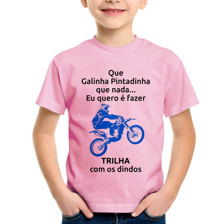 Camiseta Infantil Trilha com os dindos (moto azul) - Rosa Bebê