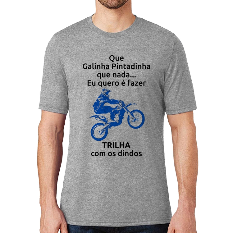 Camiseta Trilha com os dindos (moto azul) - Cinza
