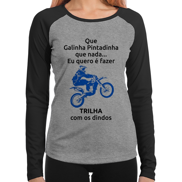 Baby Look Raglan Trilha com os dindos (moto azul) Manga Longa - Cinza/Preto