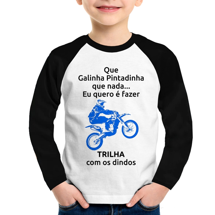 Camiseta Raglan Infantil Trilha com os dindos (moto azul) Manga Longa