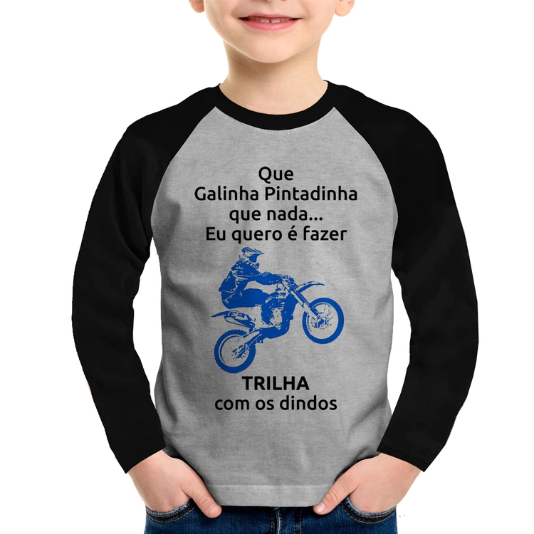 Camiseta Raglan Infantil Trilha com os dindos (moto azul) Manga Longa - Cinza/Preto