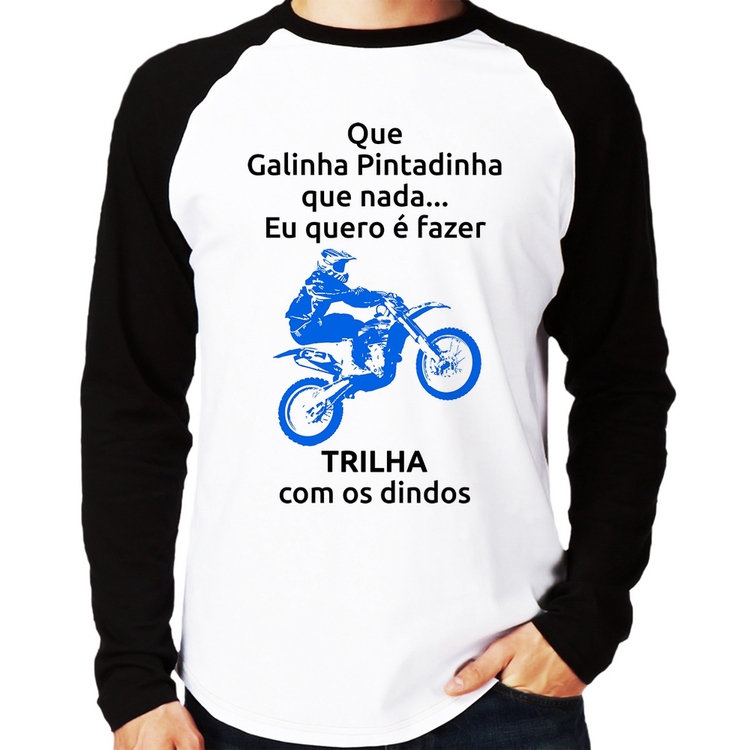Camiseta Raglan Trilha com os dindos (moto azul) Manga Longa