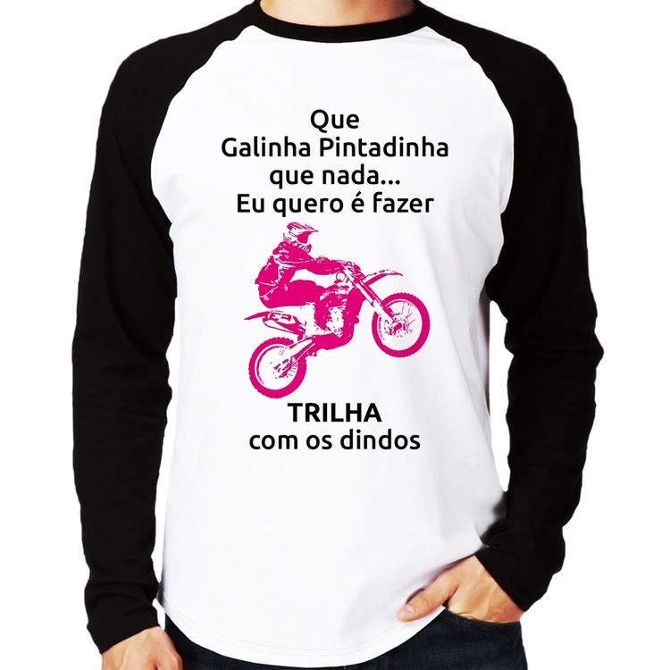 Camiseta Raglan Trilha com os dindos (moto rosa) Manga Longa