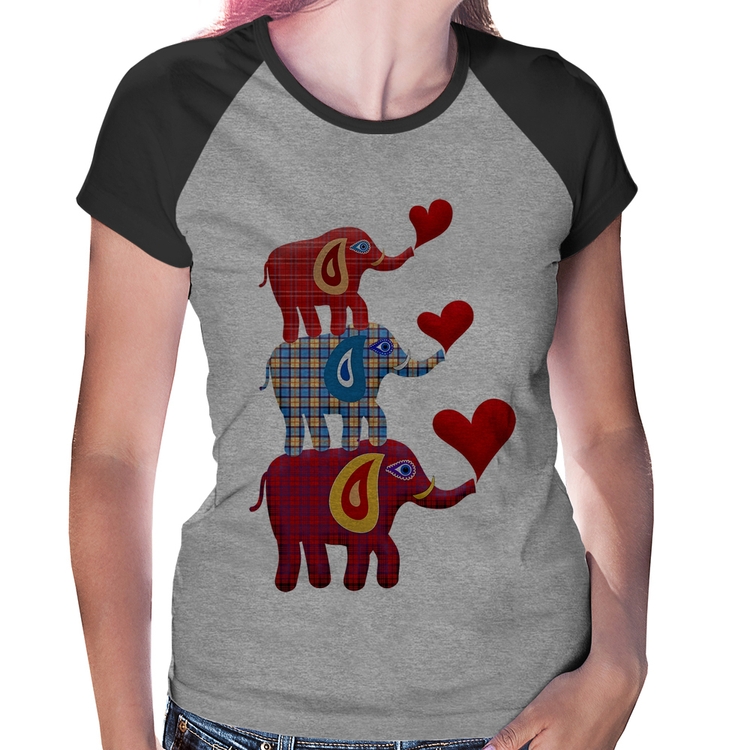 Baby Look Raglan Trio Elefantes  - Cinza/Preto