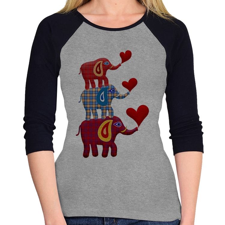 Baby Look Raglan Trio Elefantes  Manga 3/4 - Cinza/Preto