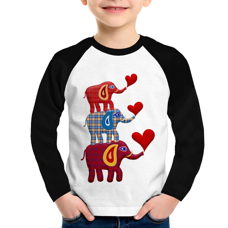 Camiseta Raglan Infantil Trio Elefantes  Manga Longa