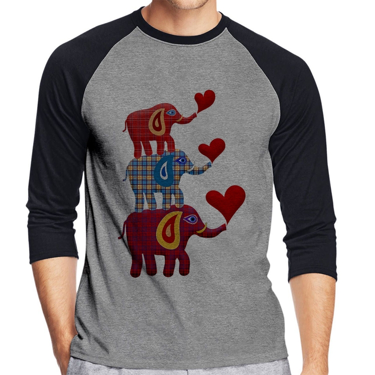 Camiseta Raglan Trio Elefantes  Manga 3/4 - Cinza/Preto