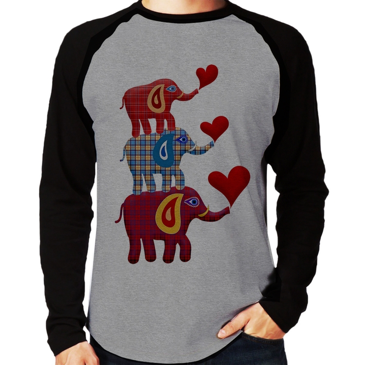 Camiseta Raglan Trio Elefantes  Manga Longa - Cinza/Preto