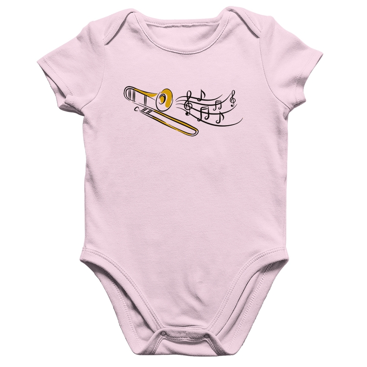 Body Bebê Algodão Trombone Notas Musicais - Rosa Bebê