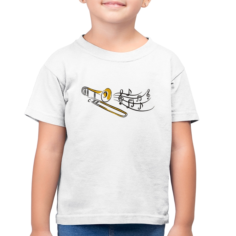 Camiseta Algodão Infantil Trombone Notas Musicais - Branca
