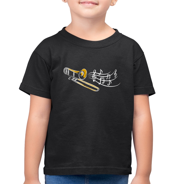 Camiseta Algodão Infantil Trombone Notas Musicais