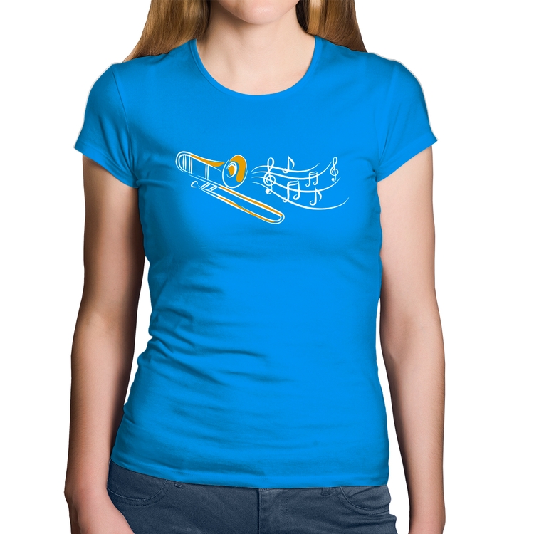 Baby Look Algodão Trombone Notas Musicais - Azul