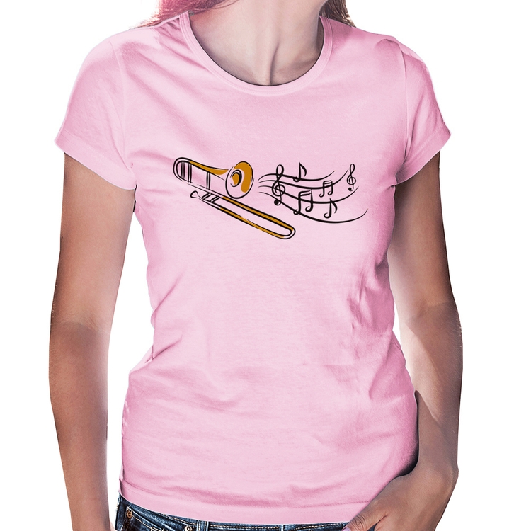 Baby Look Trombone Notas Musicais - Rosa Bebê