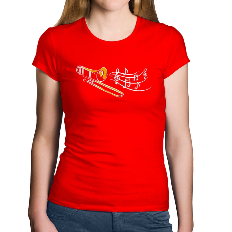 Baby Look Algodão Trombone Notas Musicais - Vermelha