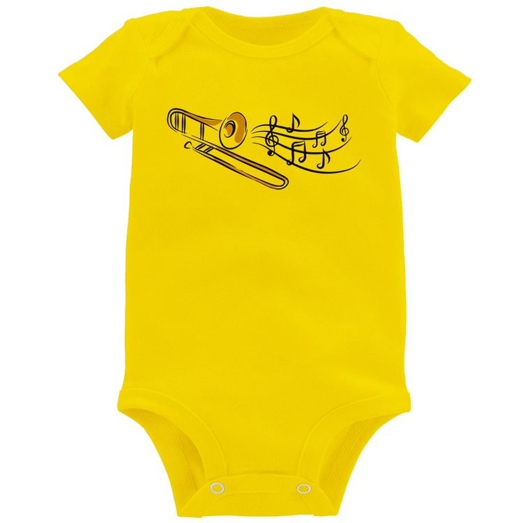Body Bebê Trombone Notas Musicais - Amarelo