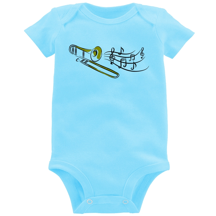 Body Bebê Trombone Notas Musicais - Azul Bebê
