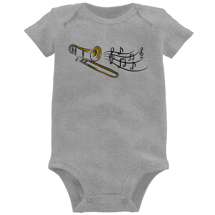 Body Bebê Trombone Notas Musicais - Cinza