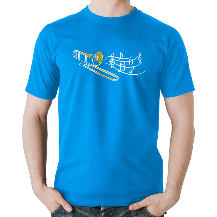 Camiseta Algodão Trombone Notas Musicais - Azul