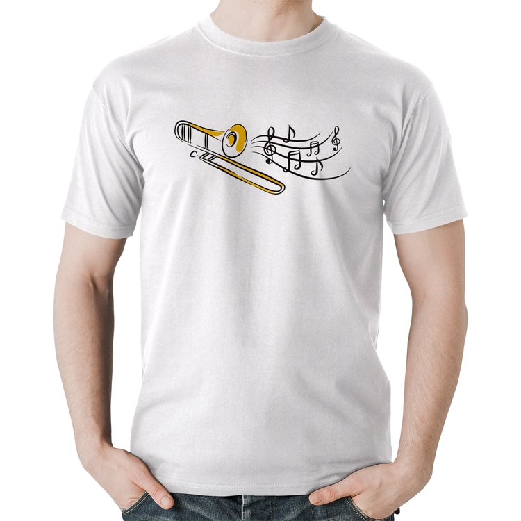 Camiseta Algodão Trombone Notas Musicais - Branca