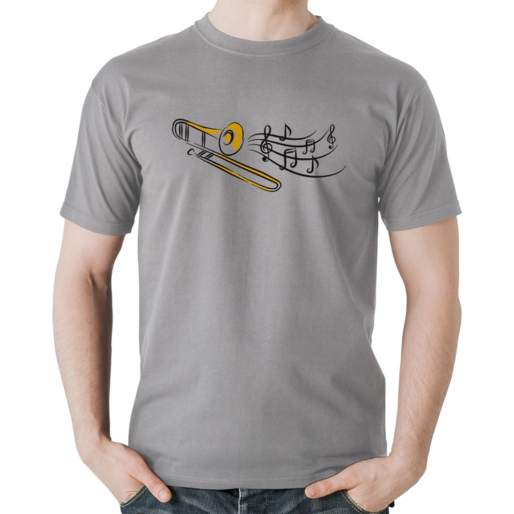 Camiseta Algodão Trombone Notas Musicais - Cinza