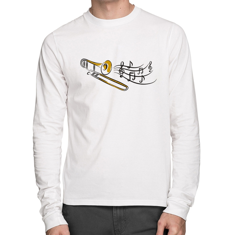 Camiseta Algodão Trombone Notas Musicais Manga Longa - Branca