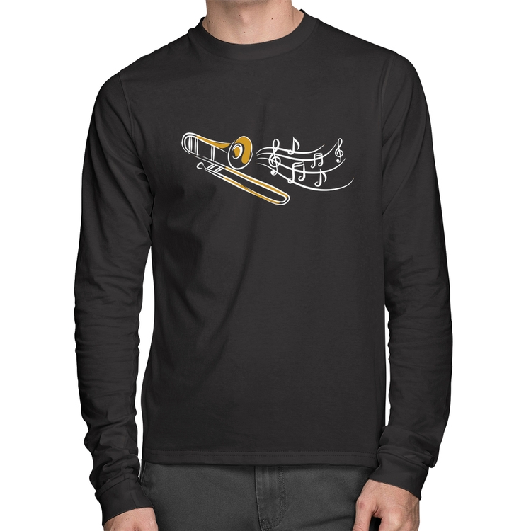 Camiseta Algodão Trombone Notas Musicais Manga Longa
