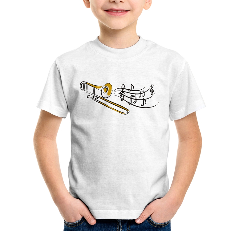 Camiseta Infantil Trombone Notas Musicais