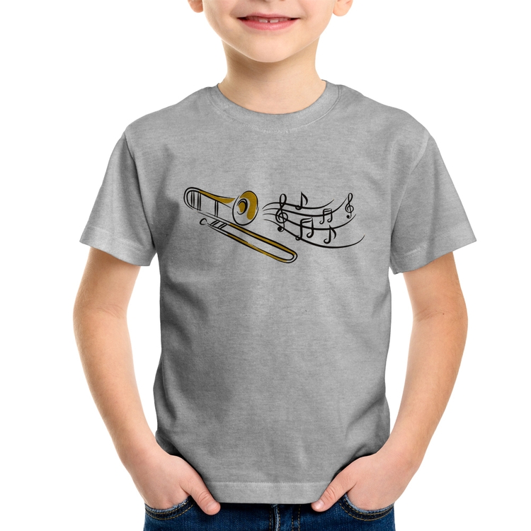Camiseta Infantil Trombone Notas Musicais - Cinza