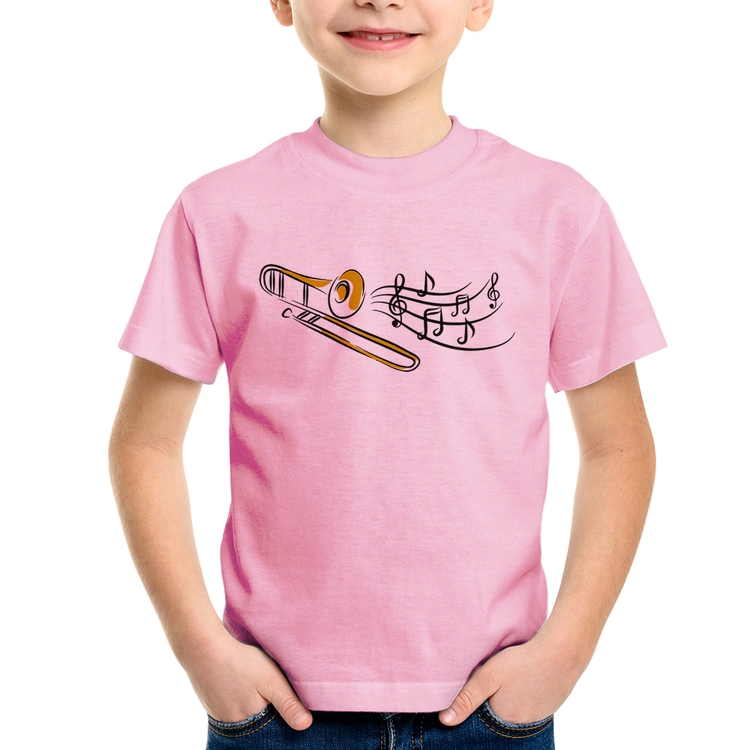 Camiseta Infantil Trombone Notas Musicais - Rosa Bebê